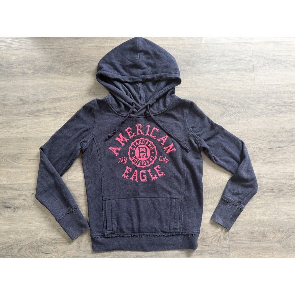 American Eagle Y2K Women's Blue Pink Pull Over Hoodie Sweater Size Small Logo